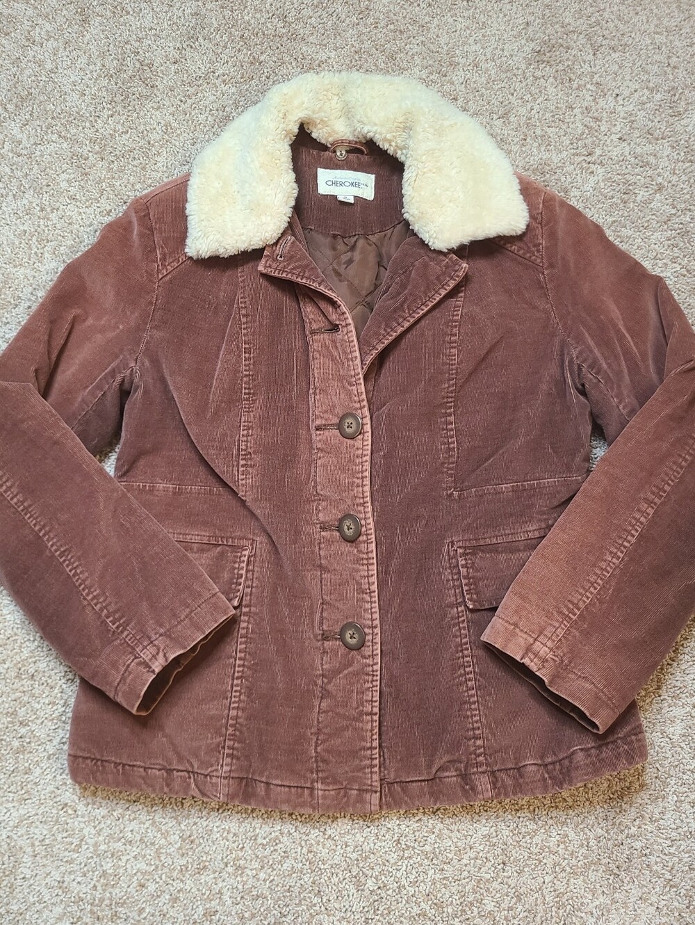 Vintage Cherokee Brown Tan Corduroy Jacket Coat With Removable Fur Collar